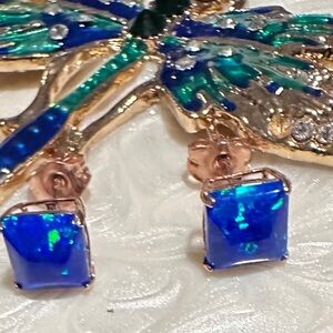 14K solid Rose Gold Genuine .98ctsBlue Opal Princess Cut Stud Earrings